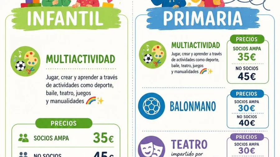 Cartel de las actividades extraescolares del AMPA para el curso 26-27.