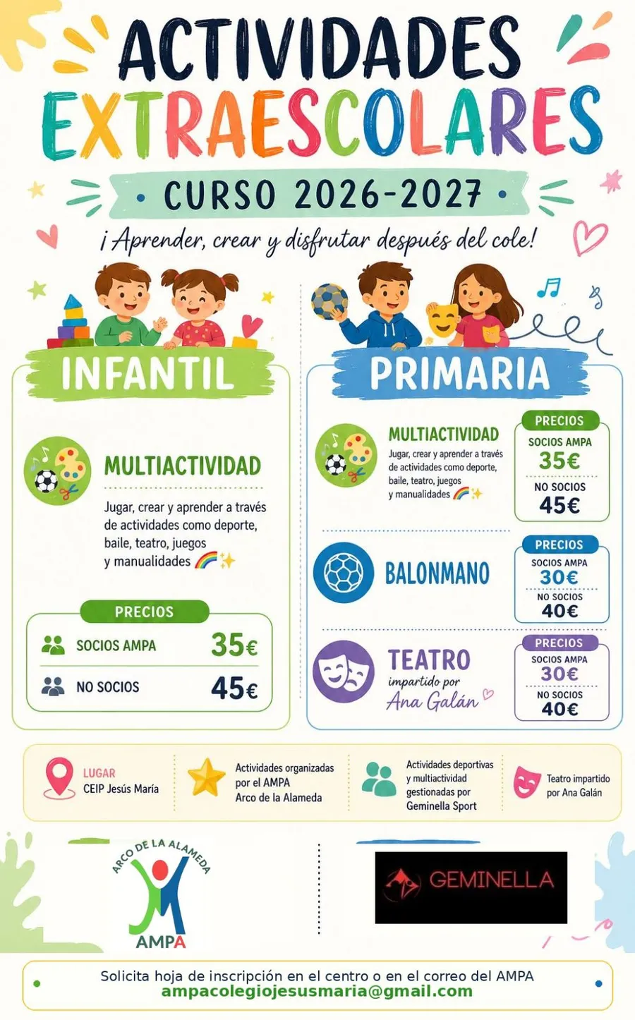 Cartel de las actividades extraescolares del AMPA para el curso 26-27.