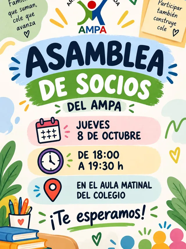 Cartel de la asamblea de socios del AMPA el jueves 8 de octubre de 18:00 a 19:30 en el aula matinal del colegio.