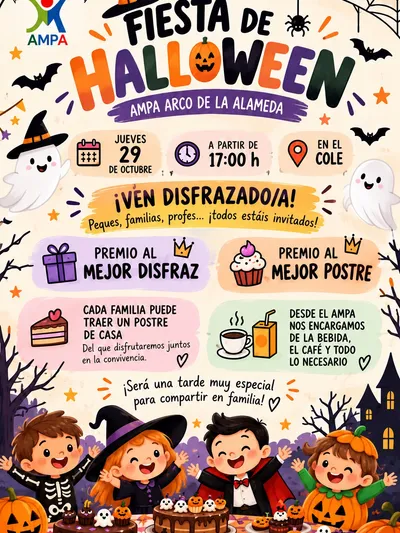 Cartel de la fiesta de Halloween del AMPA el jueves 29 de octubre a partir de las 17:00 en el cole, con disfraces, postres caseros y premios.