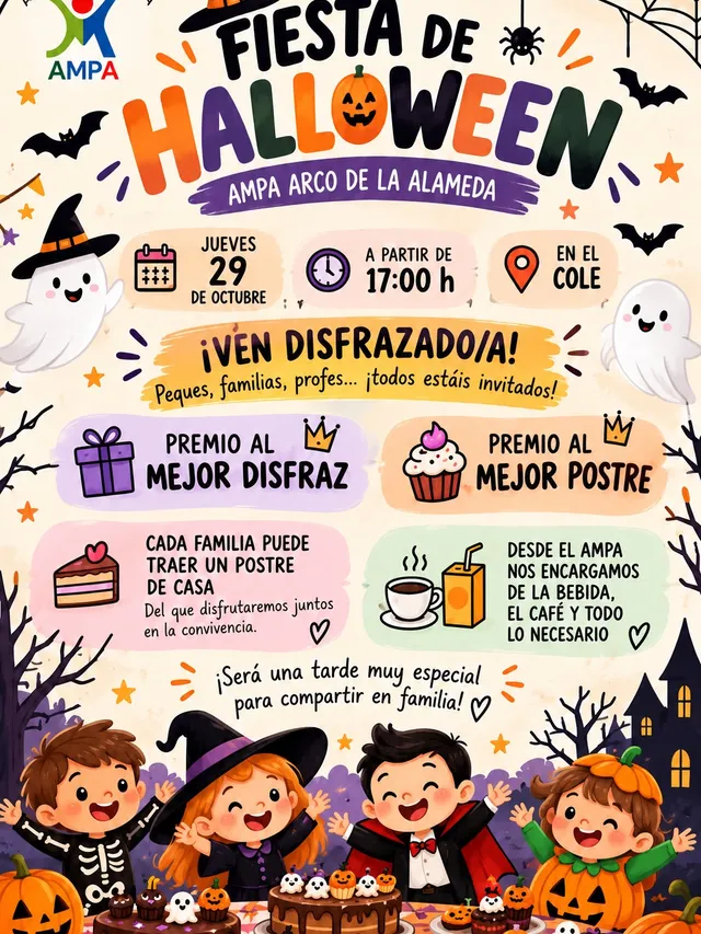 Cartel de la fiesta de Halloween del AMPA el jueves 29 de octubre a partir de las 17:00 en el cole, con disfraces, postres caseros y premios.